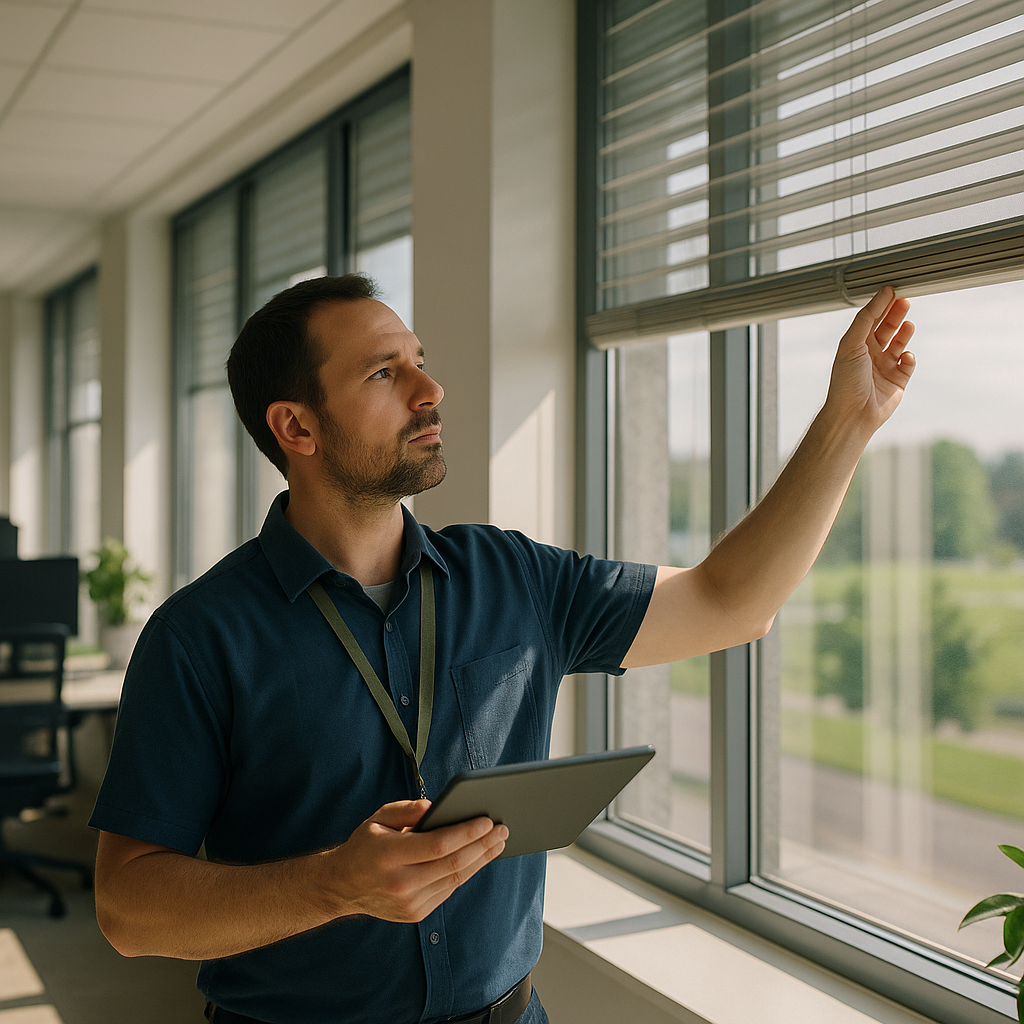Facilities manager controlling smart window coverings via a tablet in a bright corporate workspace.