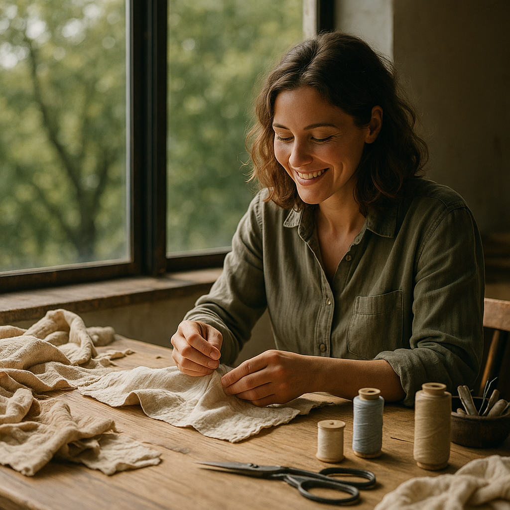 Artisan sewing with natural materials as part of sustainable fashion movement