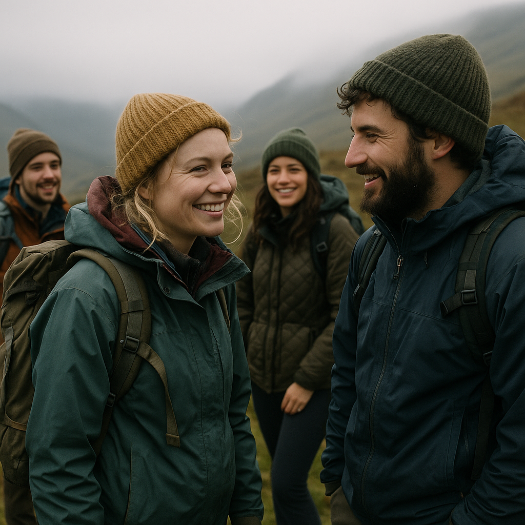 Group on a hillside wearing repaired eco friendly outdoor gear with rucksacks and layers