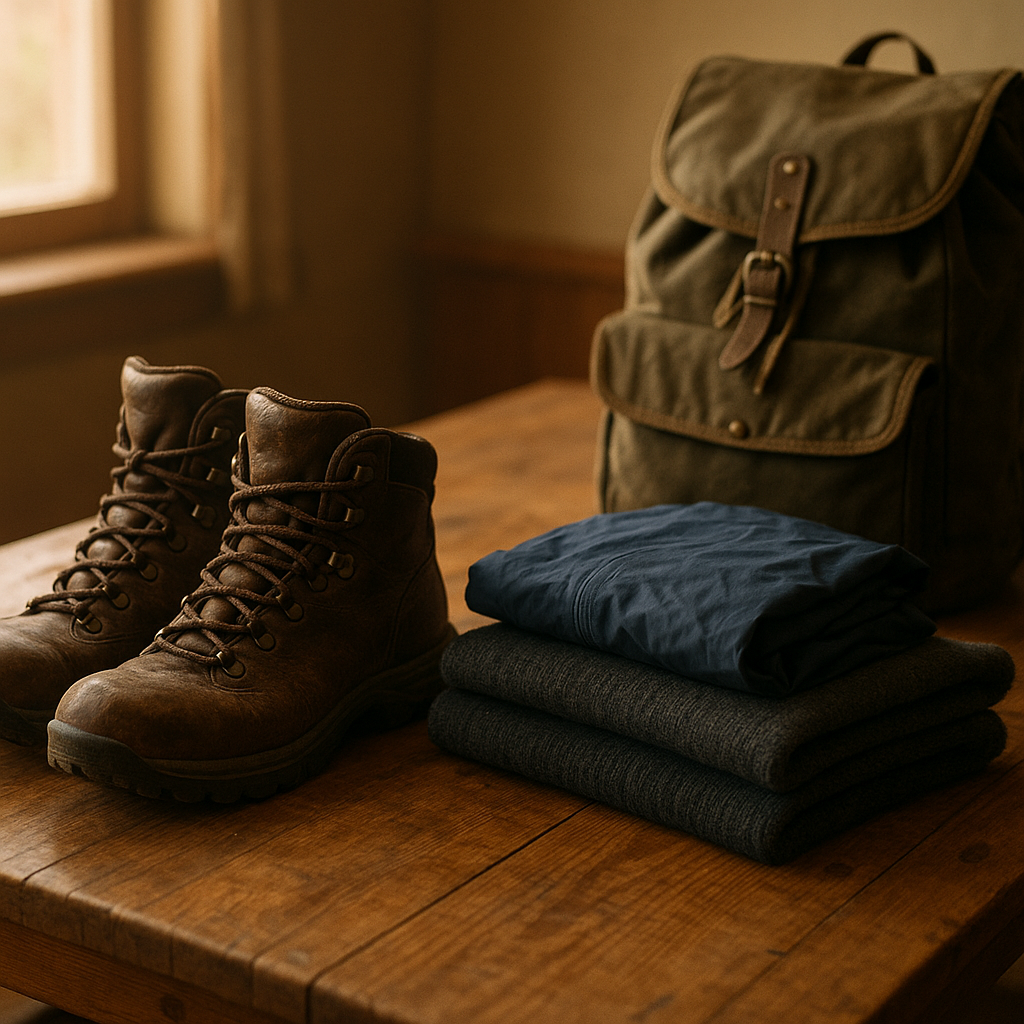 Second hand boots, waterproofs and layers arranged as eco friendly outdoor gear before a walk