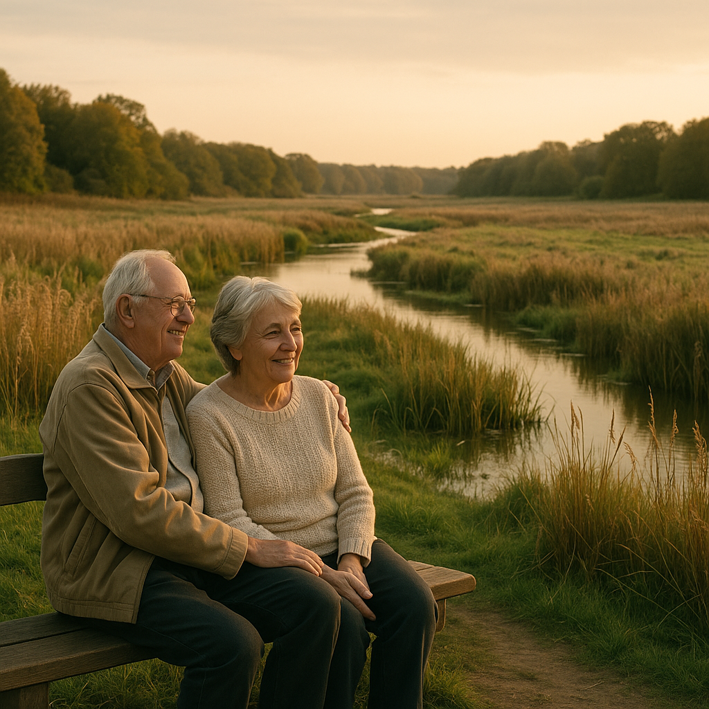 Older couple enjoying views over wetlands at accessible rewilding sites in the countryside