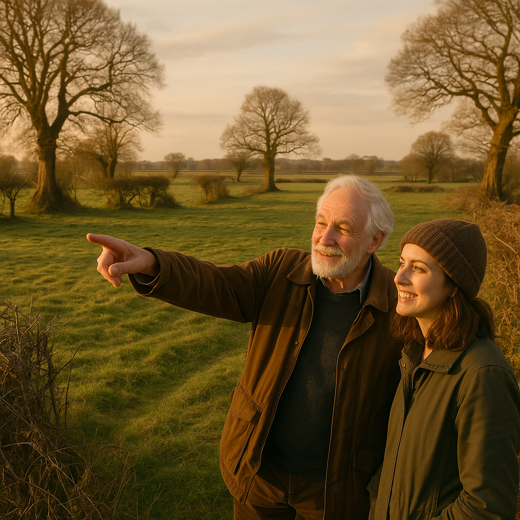 Grandparent and child reading the landscape by a gappy hedgerow and ghost field boundary