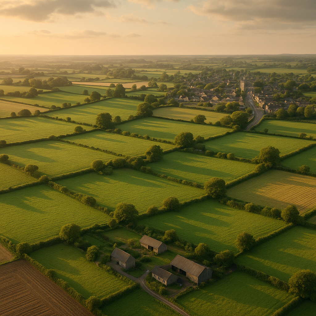 Patchwork fields and hedgerows around a village high street showing how the countryside benefits from nature friendly shopping