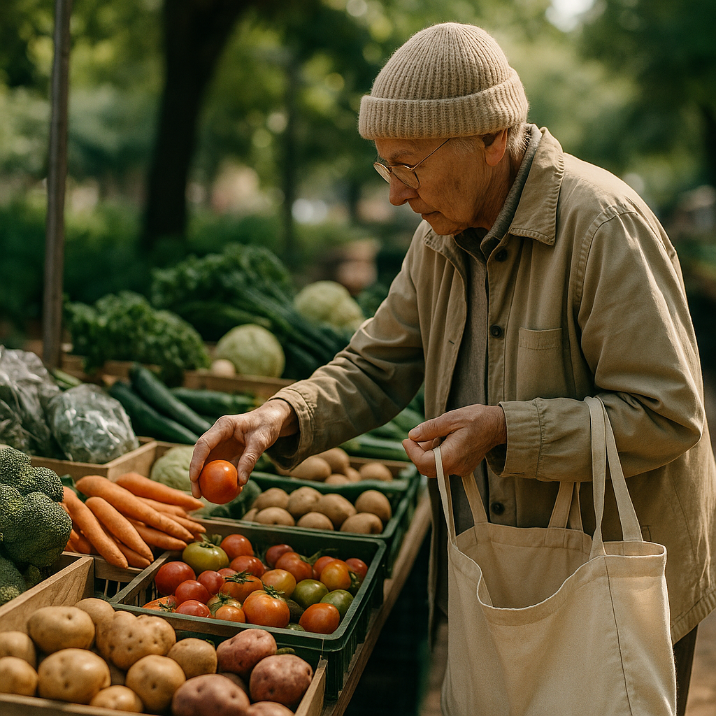 Older shopper selecting loose vegetables at a local market as part of nature friendly shopping habits