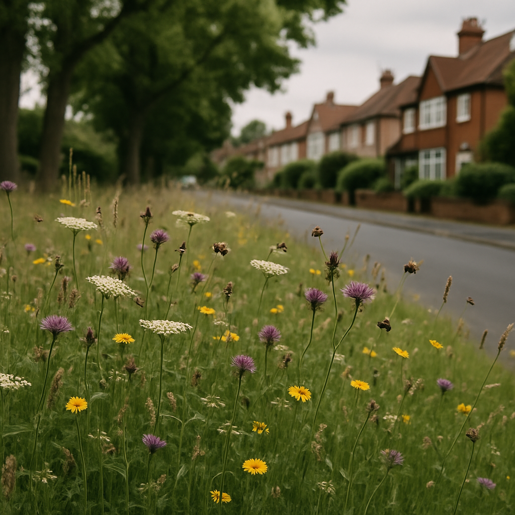 Street verge filled with wildflowers showing rewilding your local patch in an urban area
