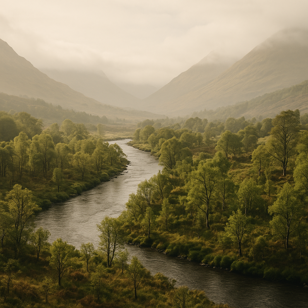 Native woodland regenerating along a Scottish river valley as part of rewilding Britain