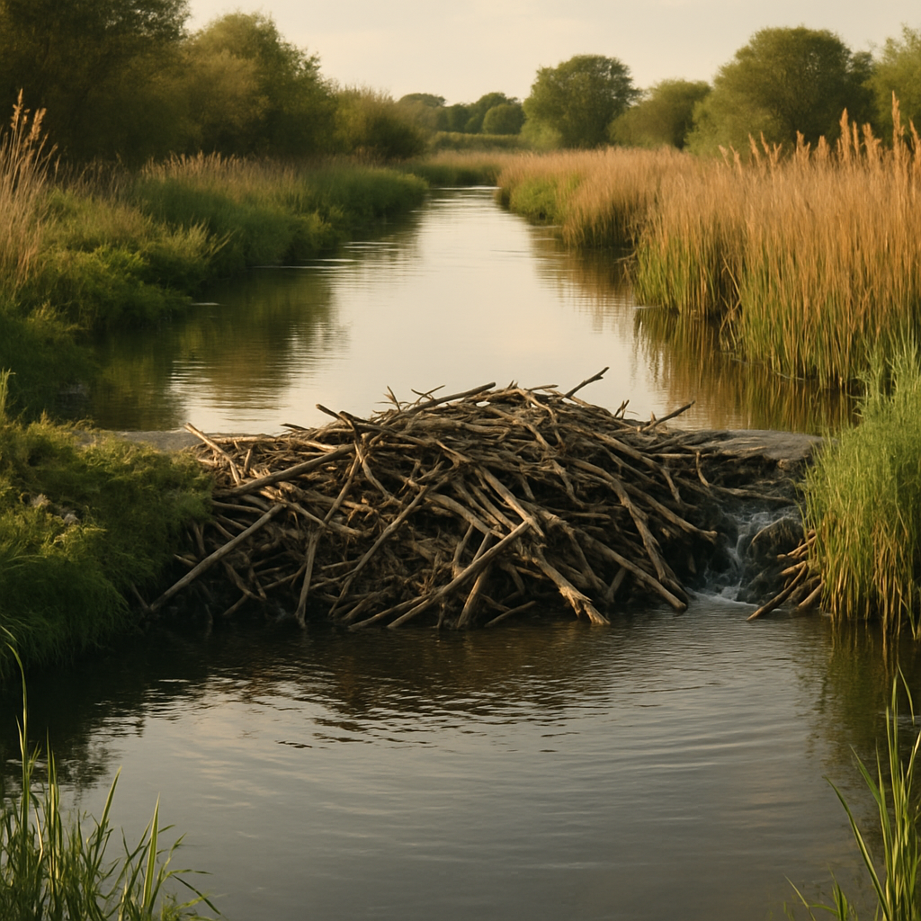 A beaver dam in an English lowland wetland reflecting the progress of rewilding Britain