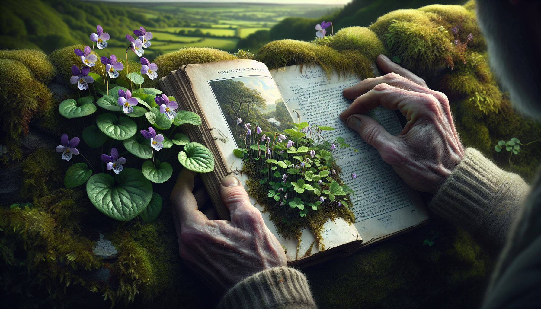 Close-up of a field guide and wildflowers beside a stone wall, illustrating practical methods to identify UK wildflowers