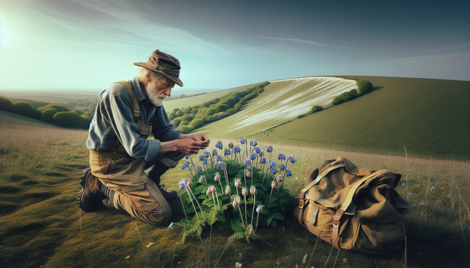 An experienced walker crouching to examine chalk downland wildflowers, demonstrating how to identify UK wildflowers in the field