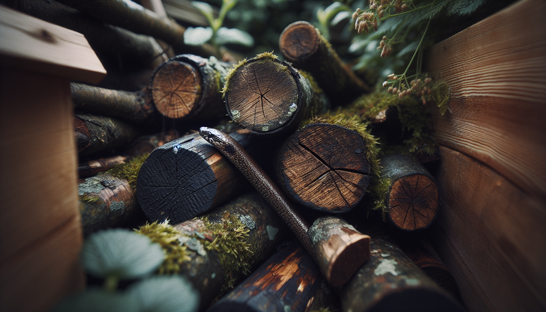 A moss-covered log pile habitat in a rewilded garden supporting wildlife