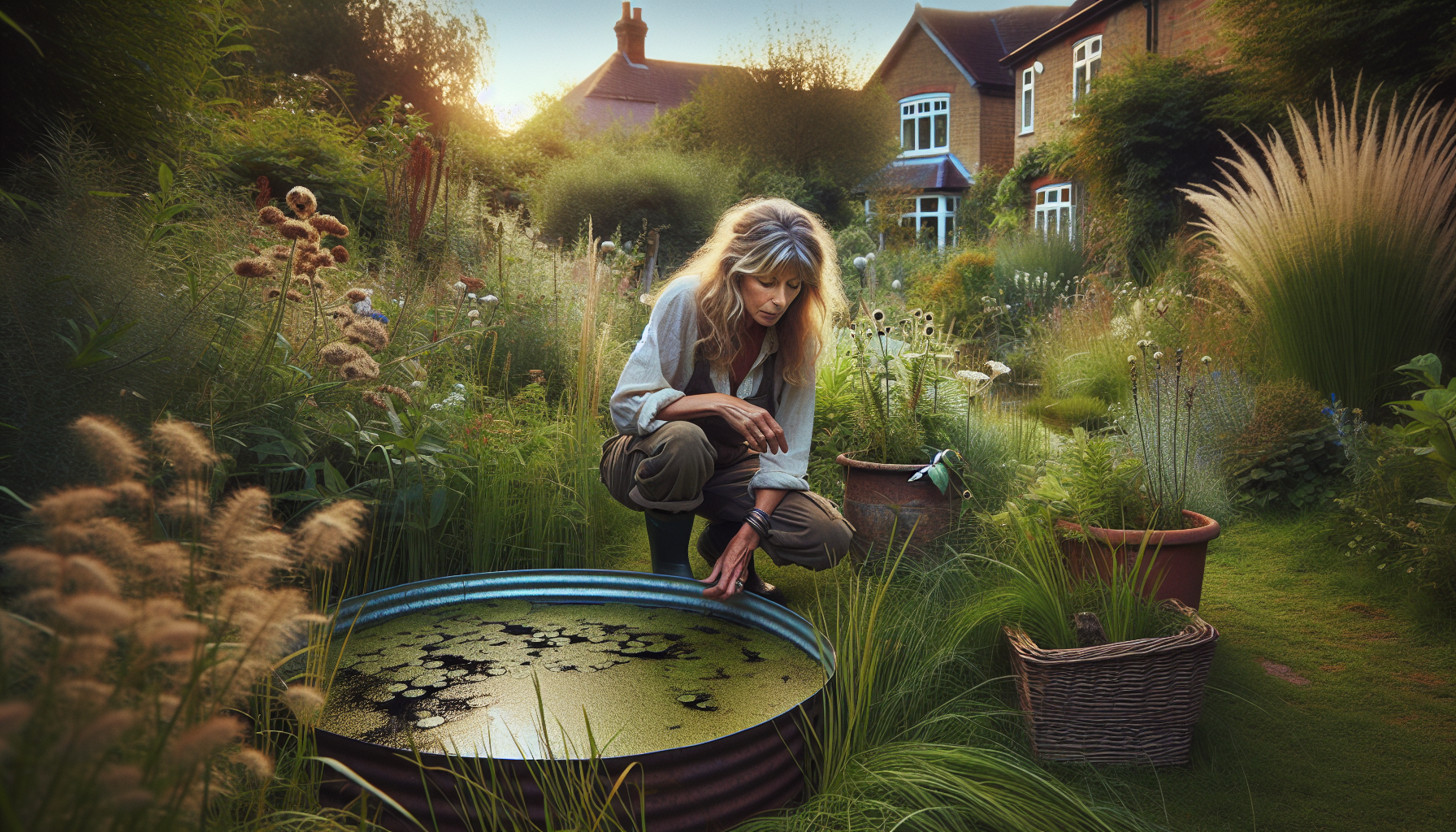 A gardener observing a small wildlife pond in a rewilded garden space