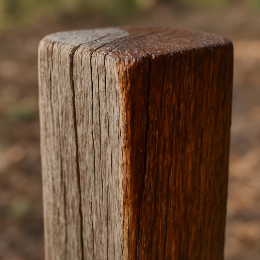 Close-up of eco friendly wood stain penetrating the grain of a heritage timber post in a UK nature reserve