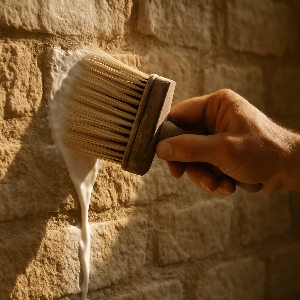 Close-up of limewash coating being applied to a historic stone wall with a natural-bristle brush