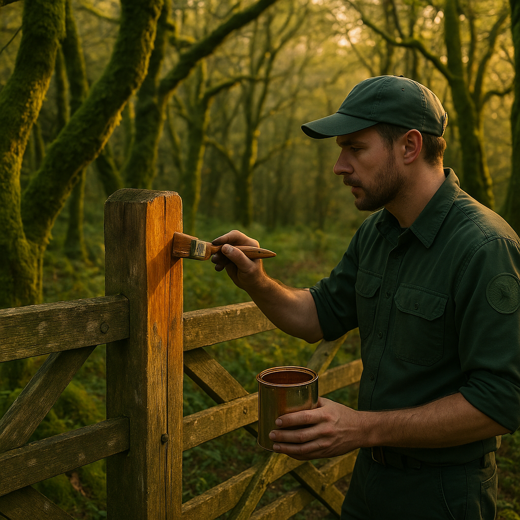 Conservation ranger applying eco friendly wood stain to an ancient oak post in protected UK woodland