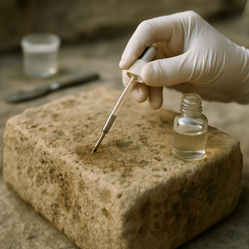 Heritage conservator applying a clear masonry protective coating UK specialists use on ancient porous sandstone