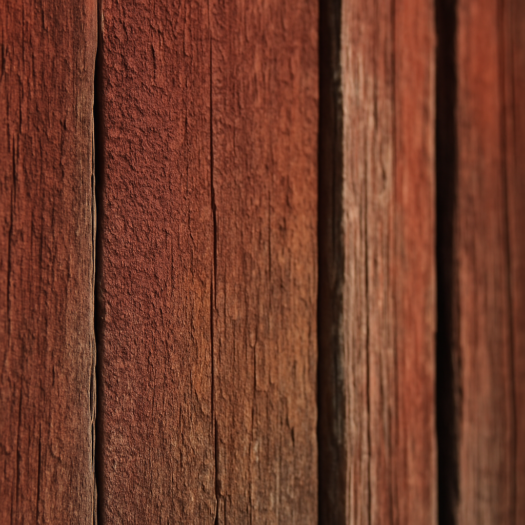 Close-up detail of weathered Falun red traditional natural exterior paint on aged timber barn planks