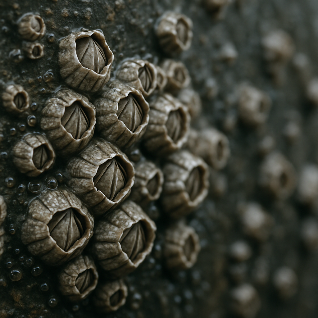 Close-up of barnacle shell plates showing natural deep sea protective coatings structures found in UK waters