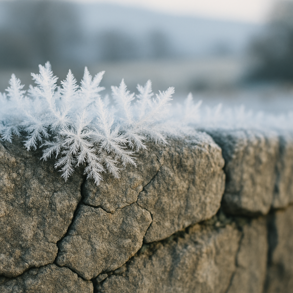 Frost damage on stone wall illustrating why protective coatings extreme cold weather resistance matters for UK buildings