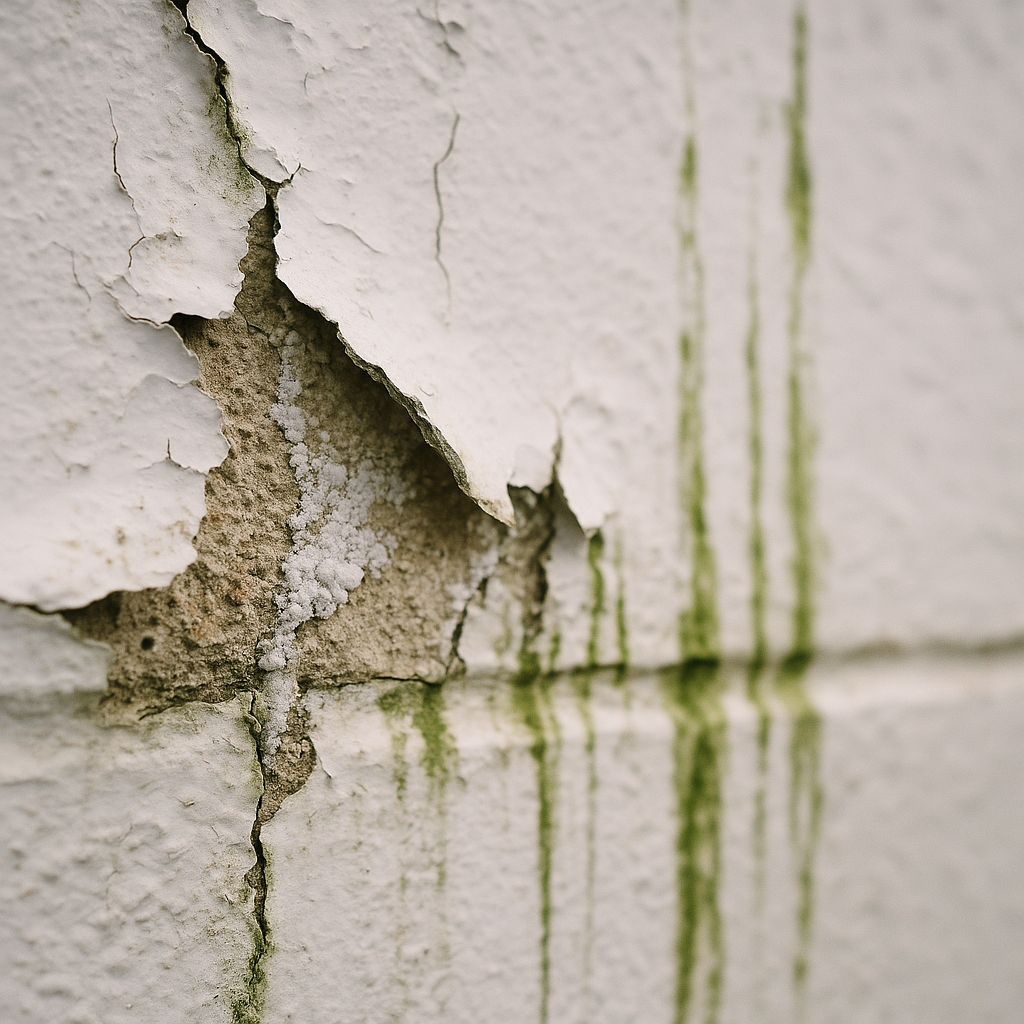 Peeling and salt-damaged exterior paint on a coastal UK wall showing the effects of poor coastal exterior paint protection UK