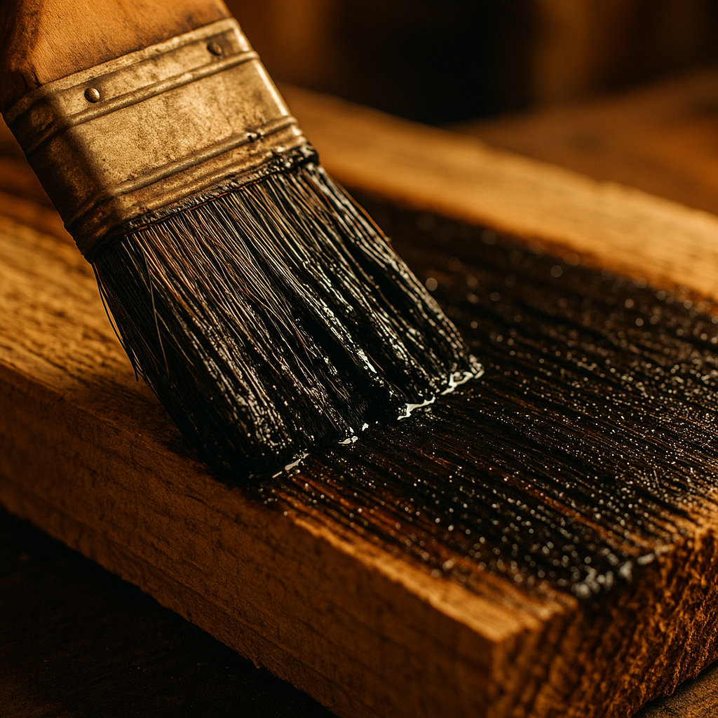 Pine tar natural wood preservative coating being applied to timber planks with a bristle brush
