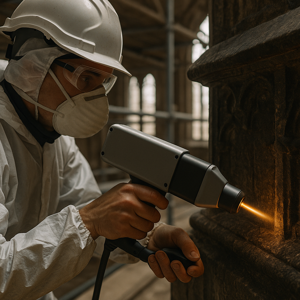 Cathedral conservator laser cleaning black crust on cathedrals' carved limestone surface