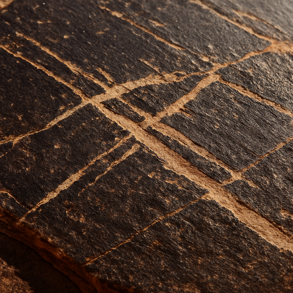 Close-up detail of desert varnish coating on rock surface showing dark manganese mineral film