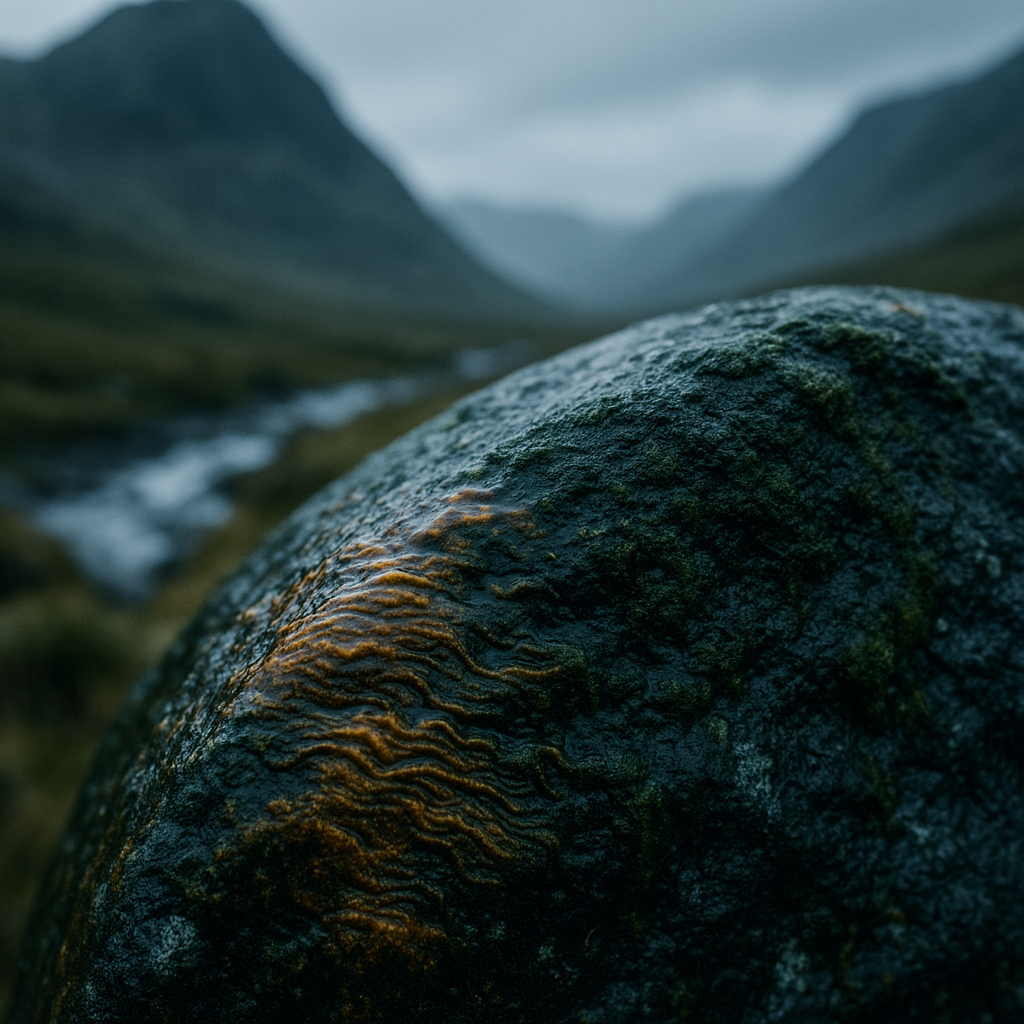 Close-up of biofilm natural river coating on a glacial boulder in the Scottish Highlands