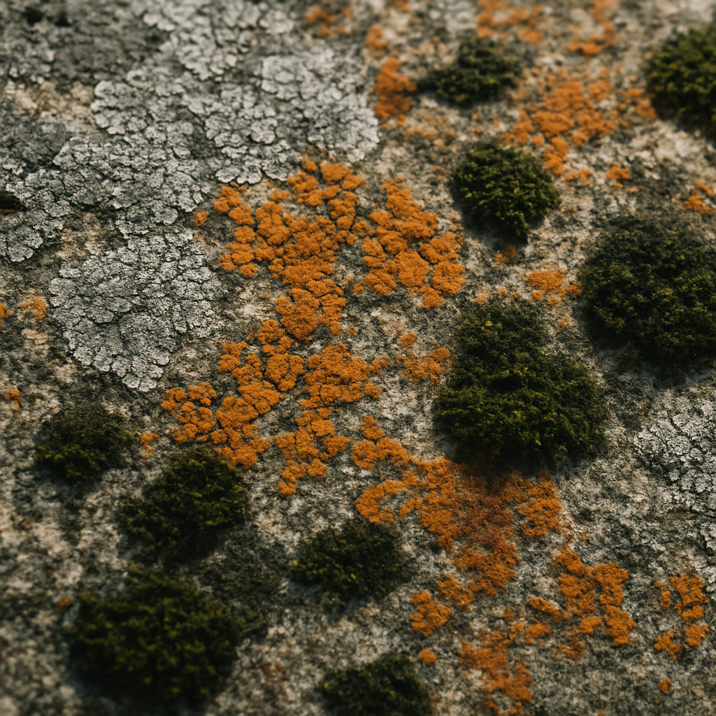 Close-up of biological crust on Dartmoor clapper bridge granite showing Dartmoor clapper bridges ancient stone preservation in action