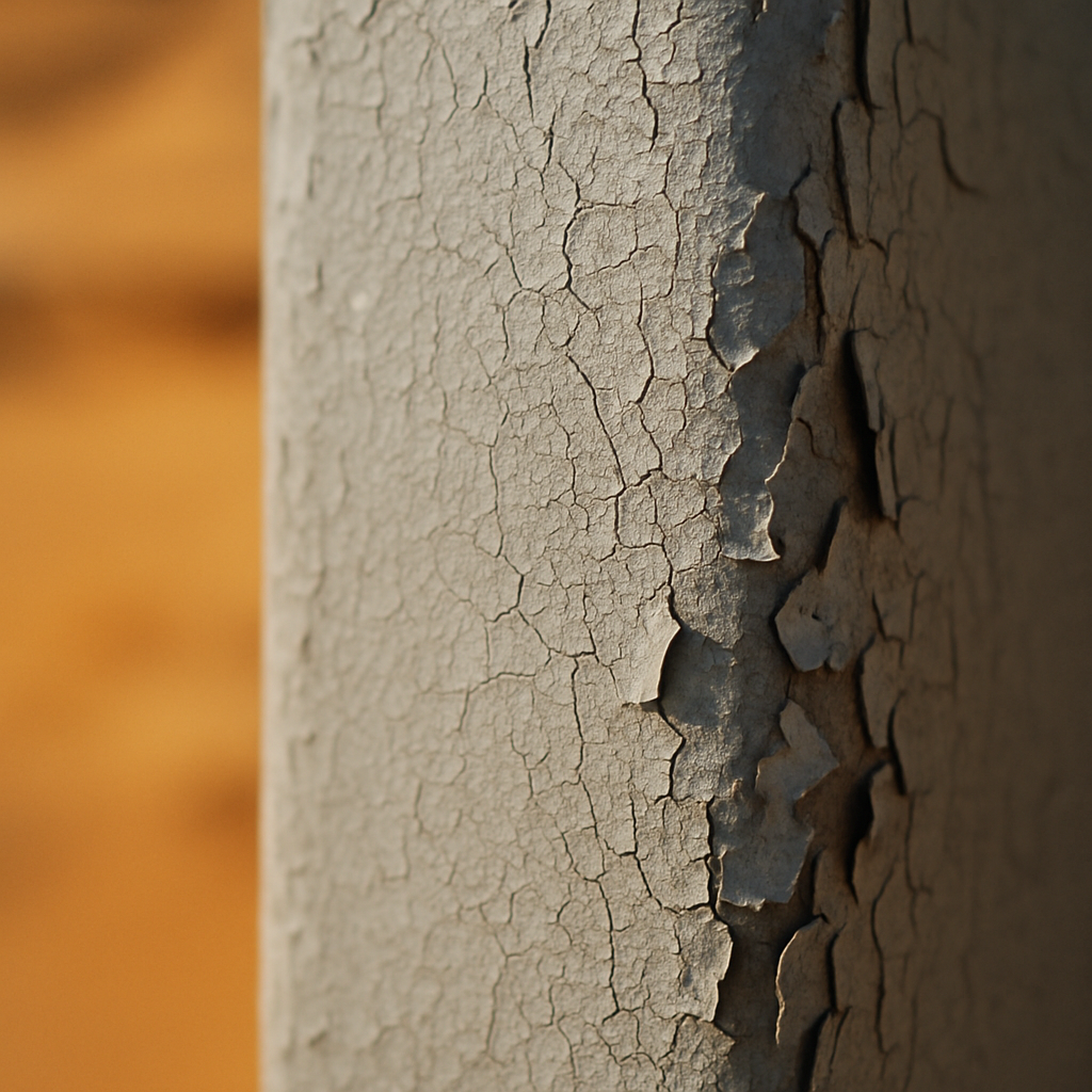 Close-up of chalking and cracked paint on metal showing UV degradation that UV resistant outdoor coatings prevent