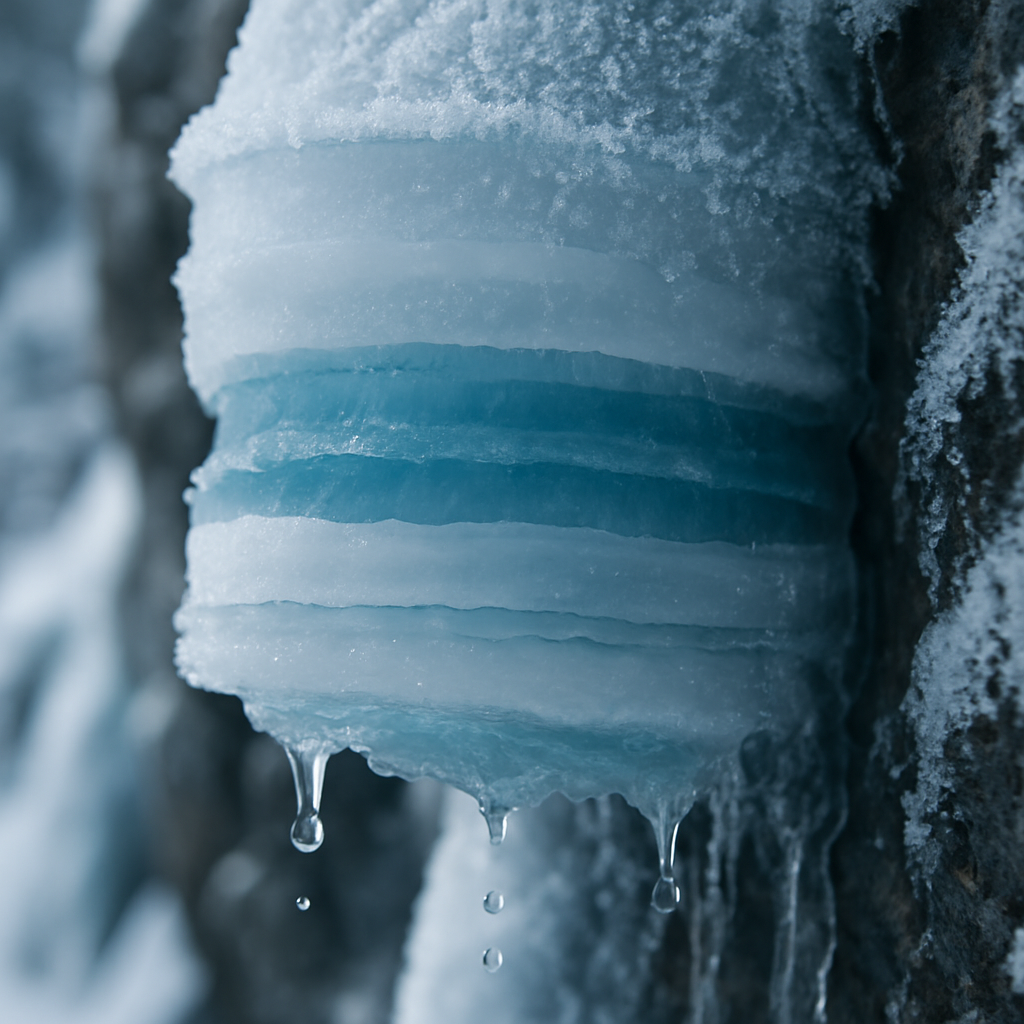 Close-up of layered natural ice coating on a rock face showing the complex structure of ice coating extreme environments