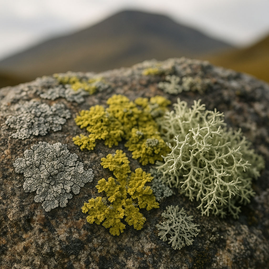 Close-up of lichen species diversity on granite rock, illustrating lichen coating as an air quality indicator