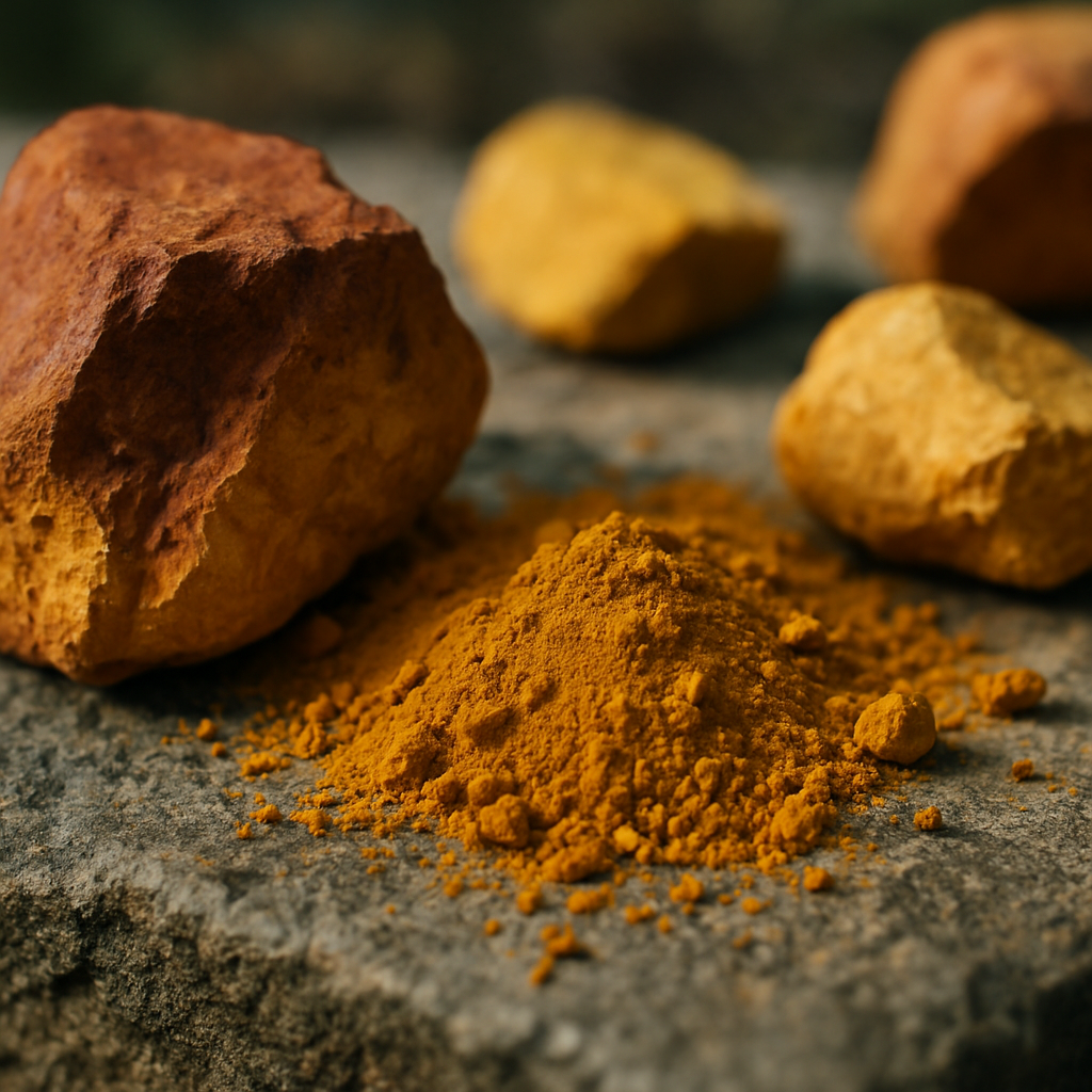 Close-up of raw ochre specimens and ground ochre powder showing the iron-rich ochre history natural pigment material