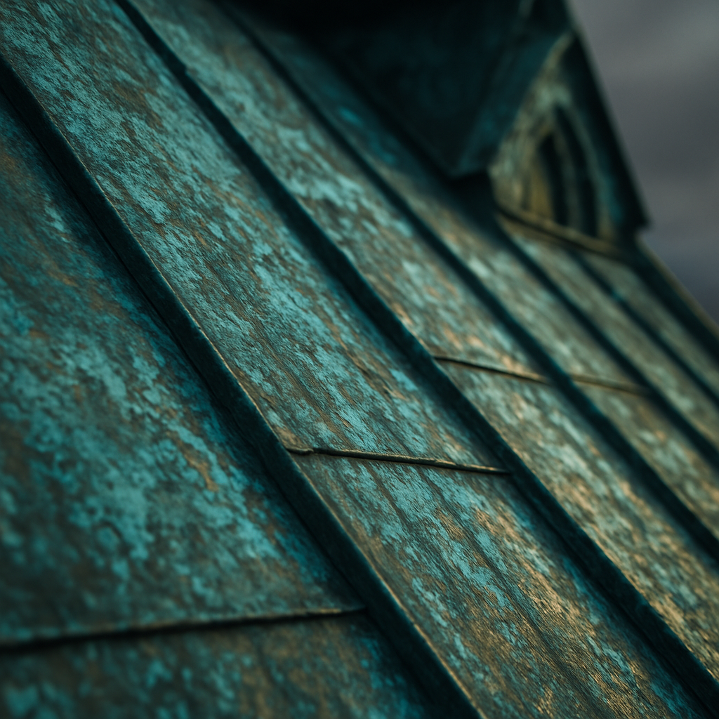Close-up of verdigris patina layers on Victorian copper chapel roofing in Wales