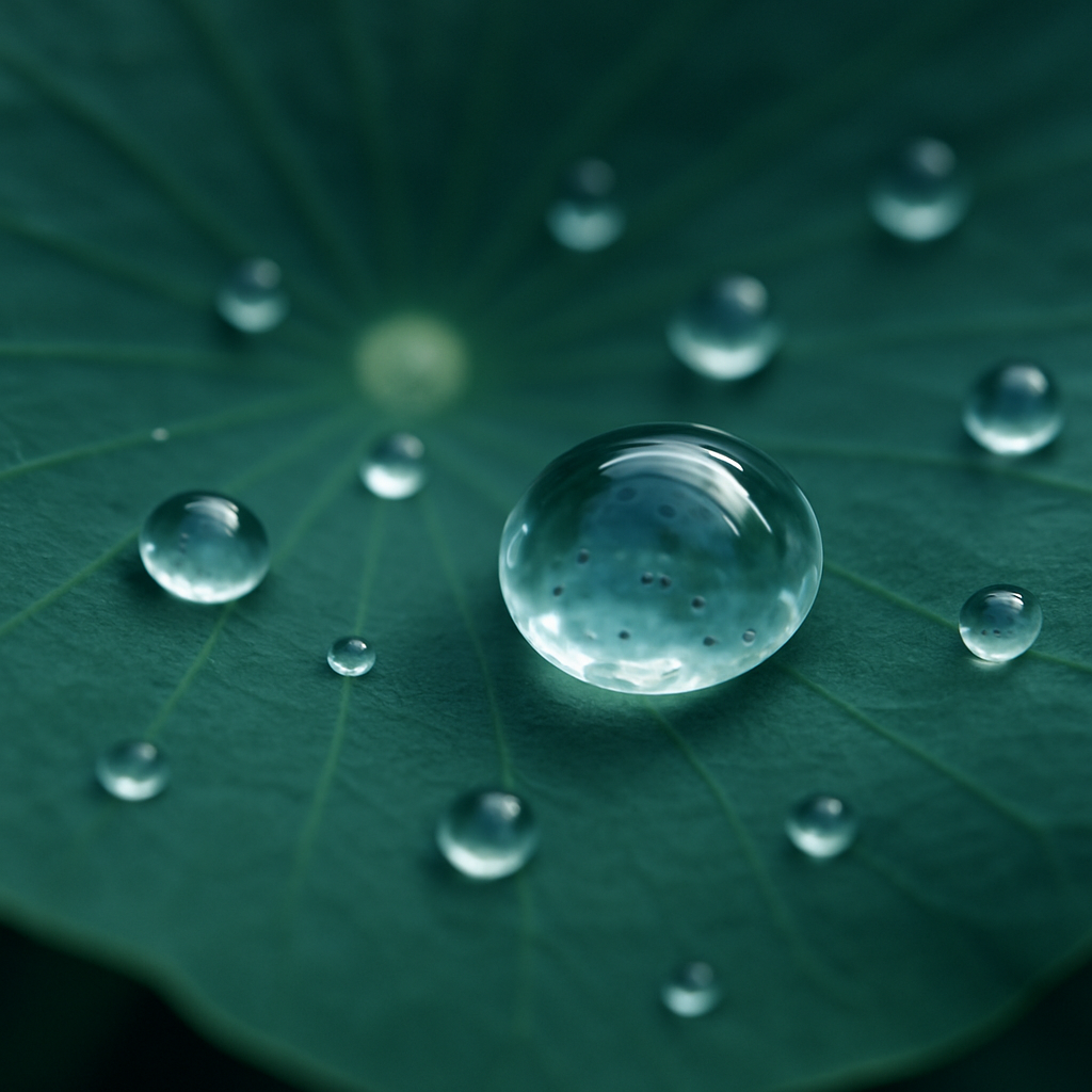 Close-up of water droplets beading on a lotus leaf demonstrating the lotus effect superhydrophobic natural coating