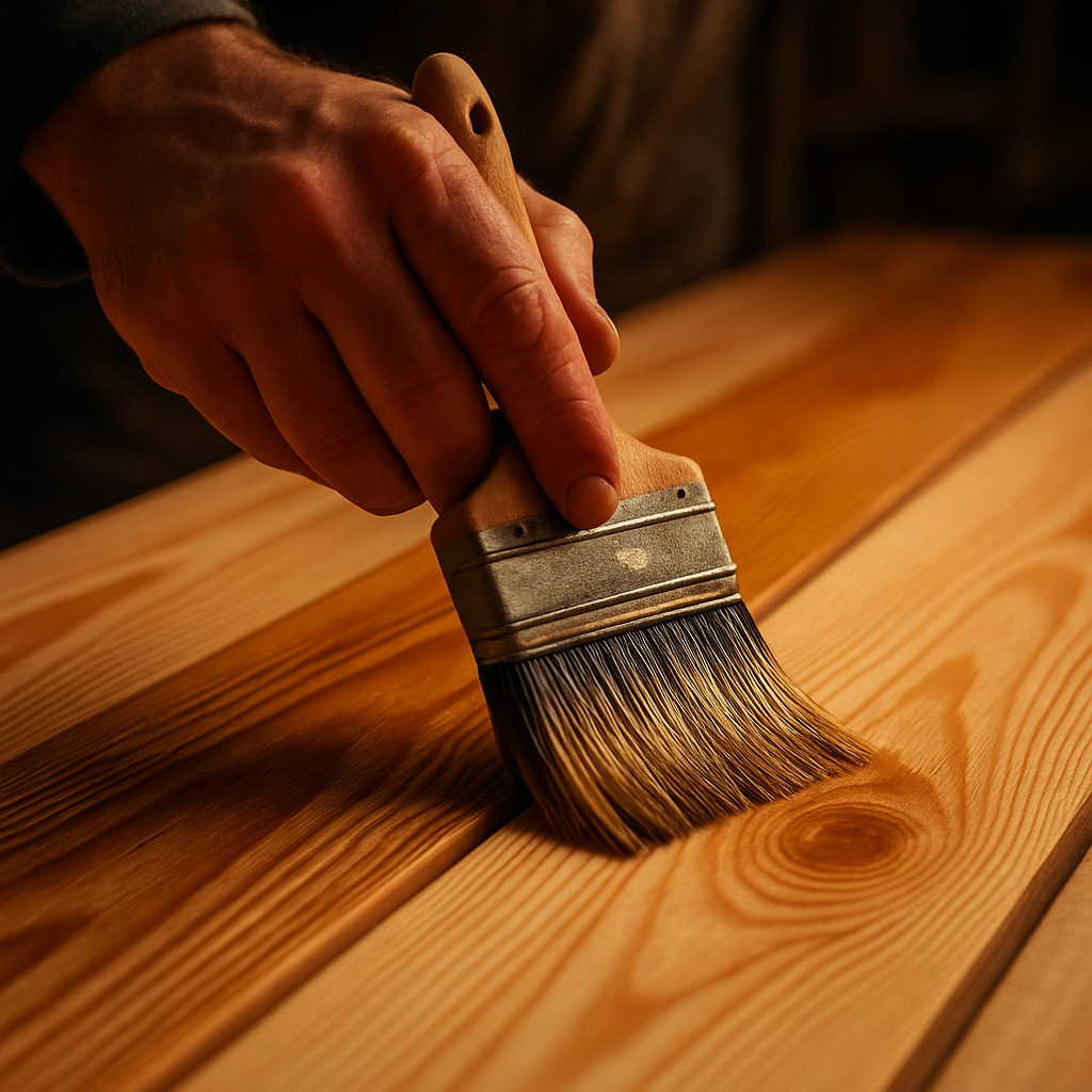 Craftsman applying Scandinavian wood paint to exterior timber cladding boards, showing penetrating oil technique used in UK joinery