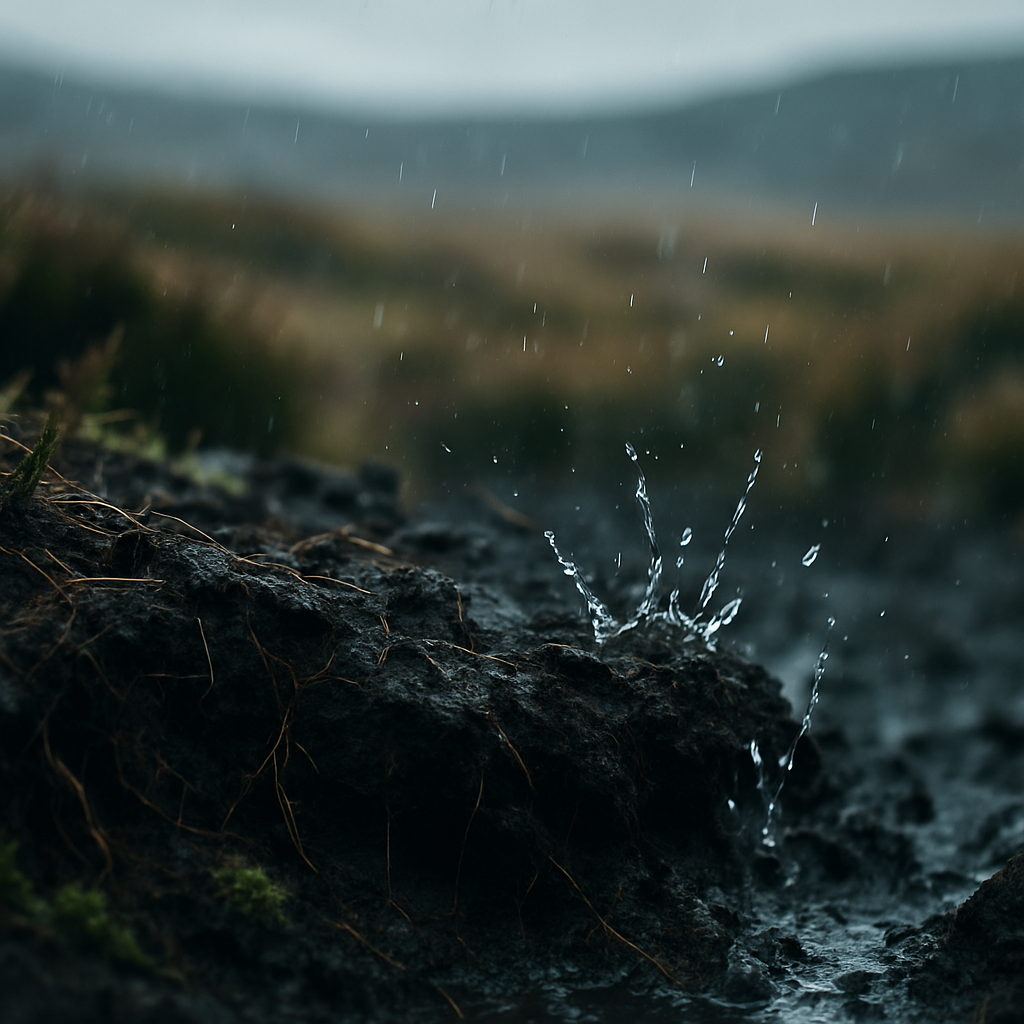 Raindrops landing on dark peaty moorland soil, releasing petrichor and forest volatile compounds from the earth