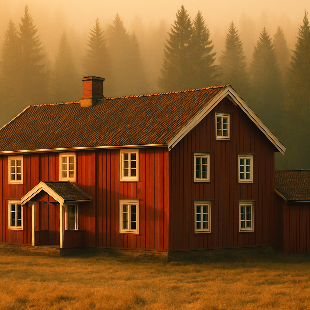 Traditional Scandinavian red-painted exterior timber farmhouse in a pine forest, illustrating Scandinavian wood paint exterior timber UK traditions