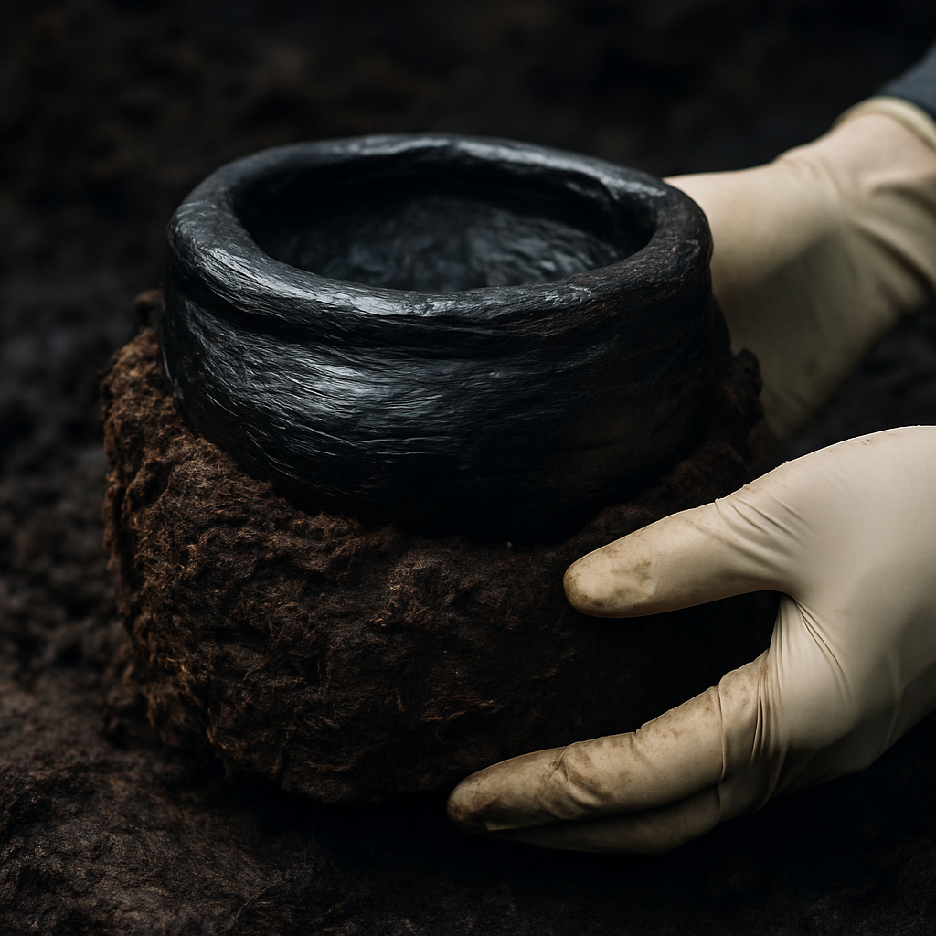 Archaeologist examining ancient wooden container recovered from peat, demonstrating peat bog preservation natural chemistry UK