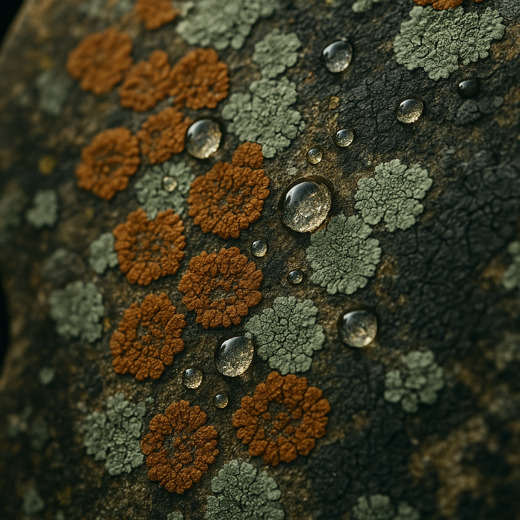 Close-up detail of biofilm stone surfaces on a UK churchyard headstone, showing layered lichen and algae colonies