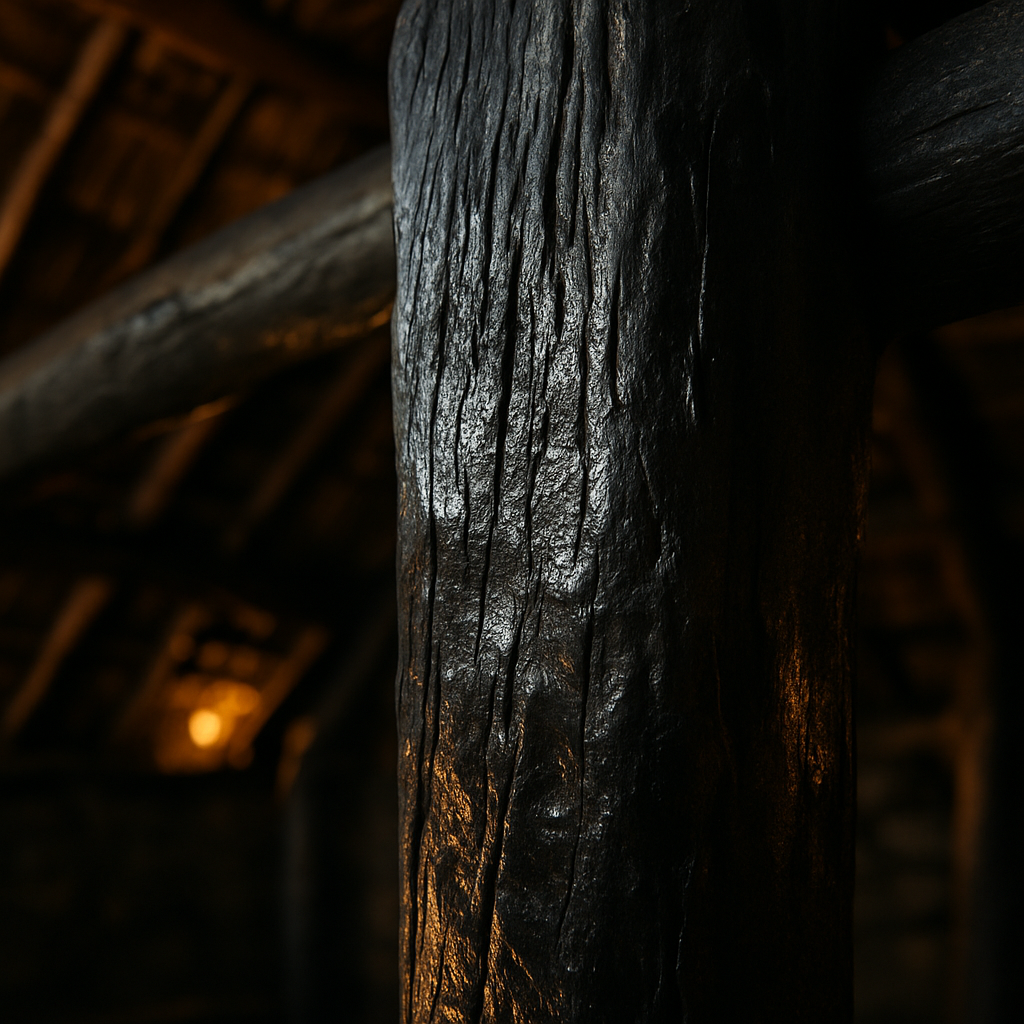 Dark smoke-impregnated roof timbers inside a Scottish blackhouse, illustrating peat smoke timber preservation