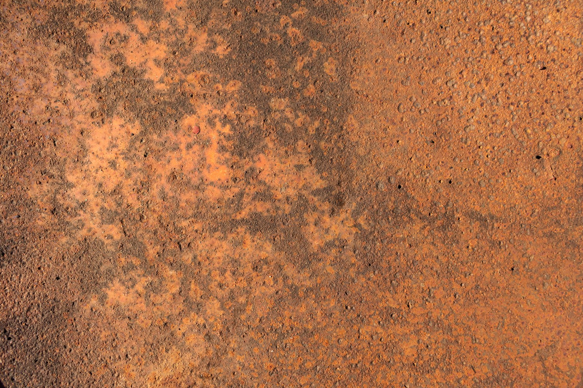 Close-up of cast iron weathering and surface patina showing layered rust, sulphate bloom and biological film